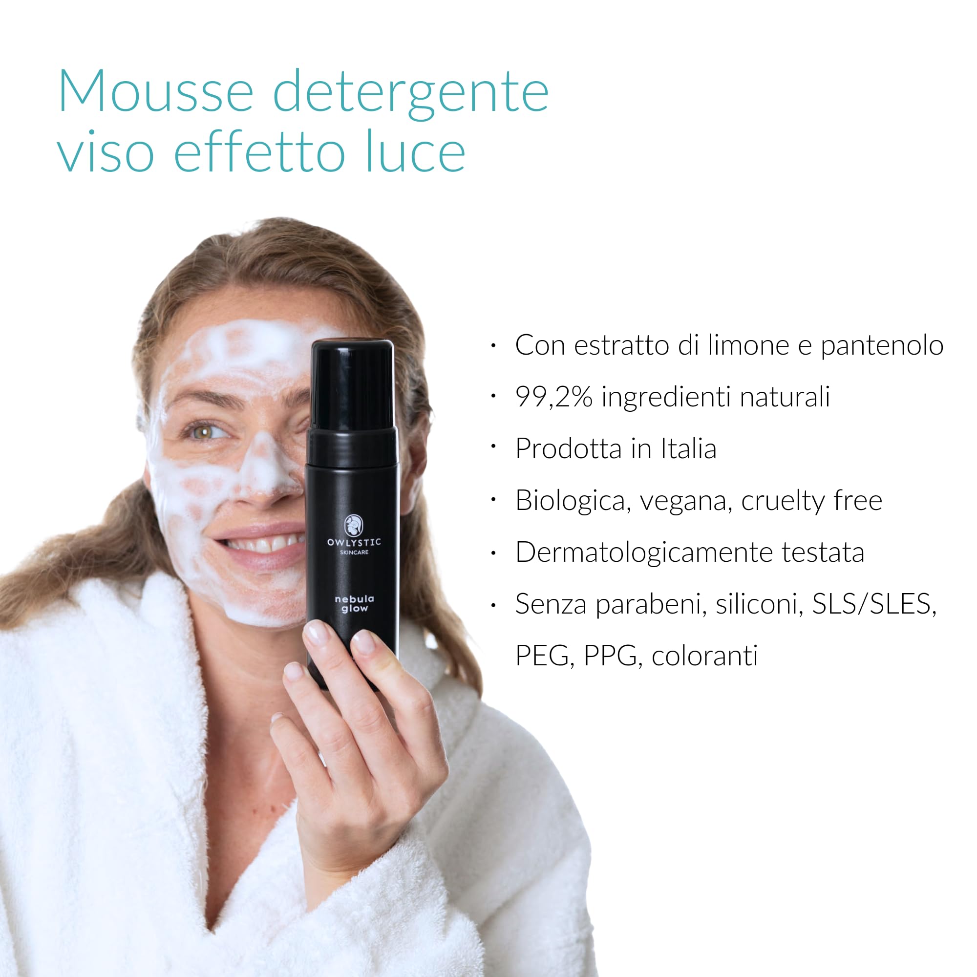 OWLYSTIC Mousse Detergente Viso Schiumogeno Delicato - BIO Vegan 100% MADE IN ITALY - Mousse Struccante Viso per Pulizia Profonda - Extra Idratante per Pelli Secche 150ml