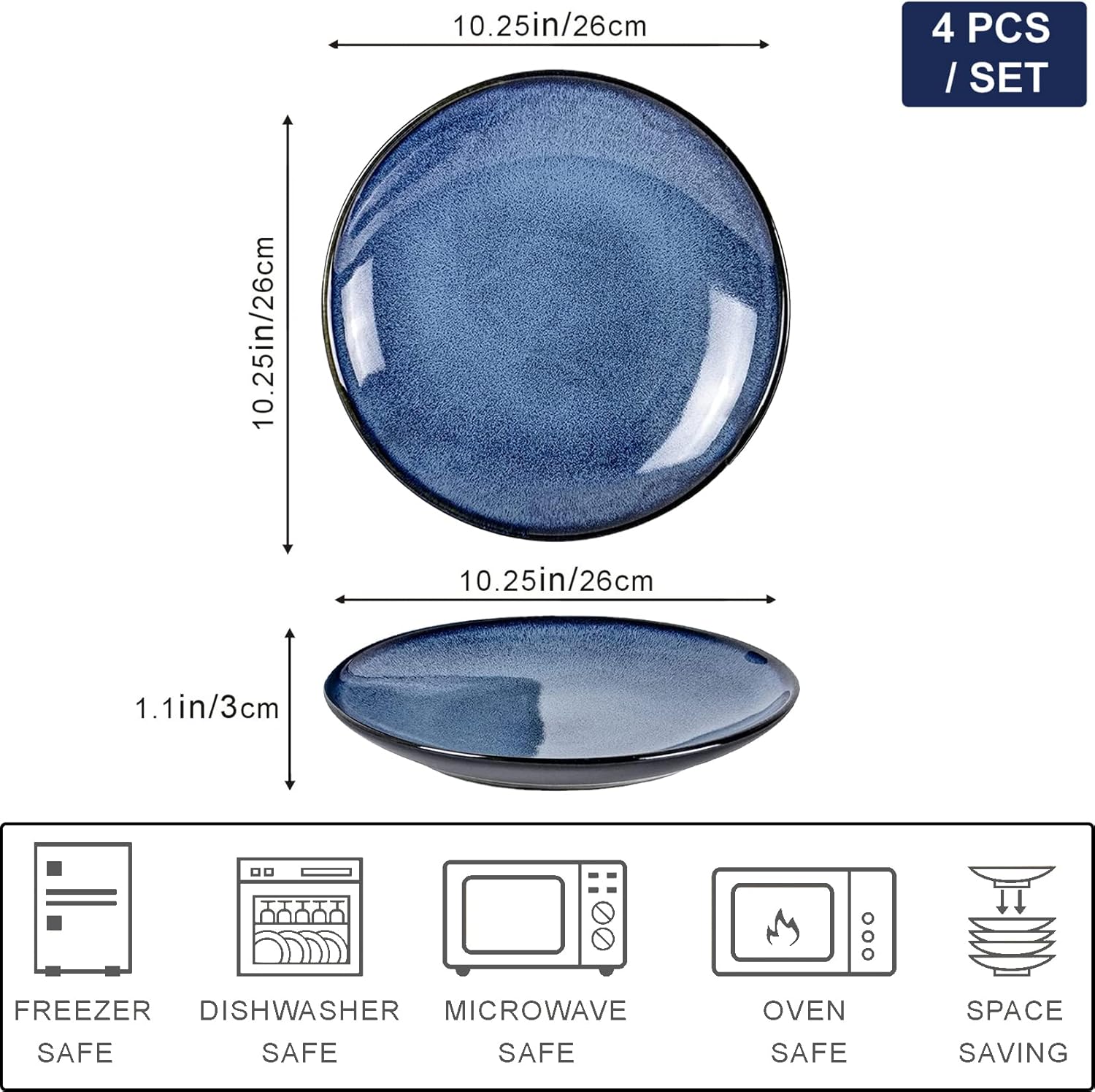 UNICASA Ceramic Dinner Plates Set of 4, Porcelain 10.25 Inch Pasta Plate Set, Reactive Glaze Serving Dishes for Steak, Salad, Pizza, Dishwasher & Microwave Safe (Blue) Blue 10.25 inch