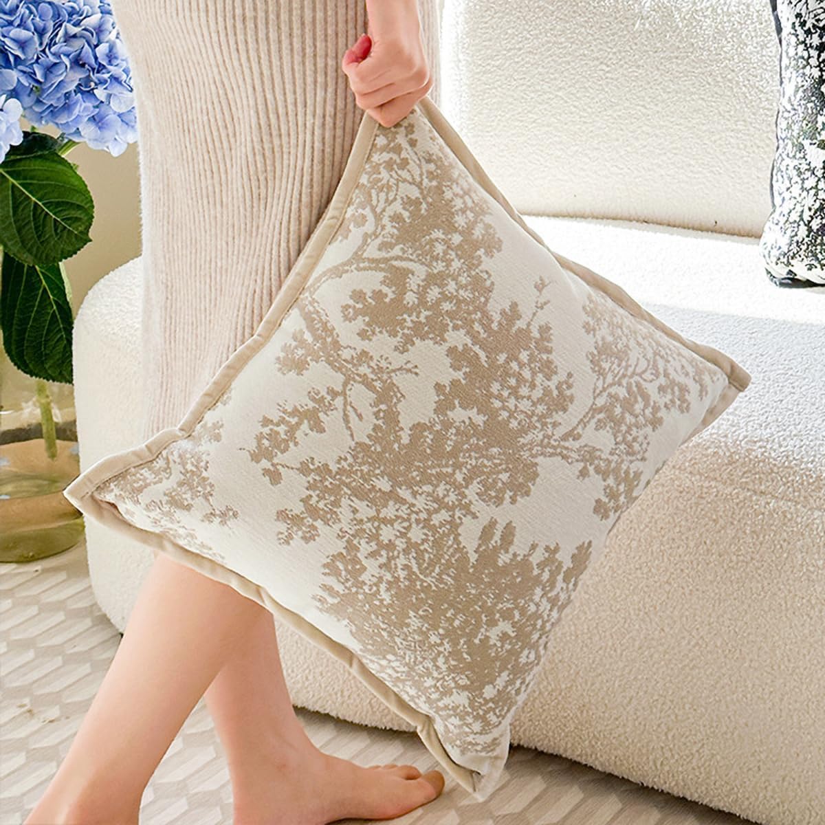 Croker Horse 18x18'' inches Throw Pillow Cushion Covers - White Beige Embroidery Pine Tree Luxury Modern Style Couch Sofa Pillow Cover for Living Room Bedroom