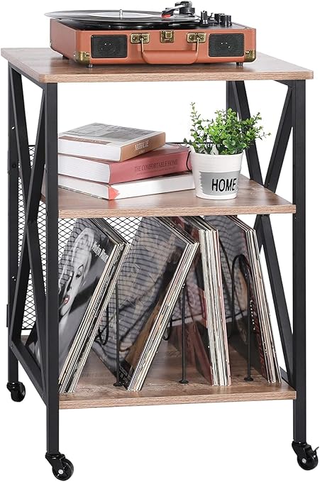 Indian Decor 11115 Night Stand with Vinyl Storage 3 Tier Rolling Vinyl Record Storage with 3 Adjustable Divinder Record Player Table Turntable Stand Shelf with Wheels Record Holder for Albums