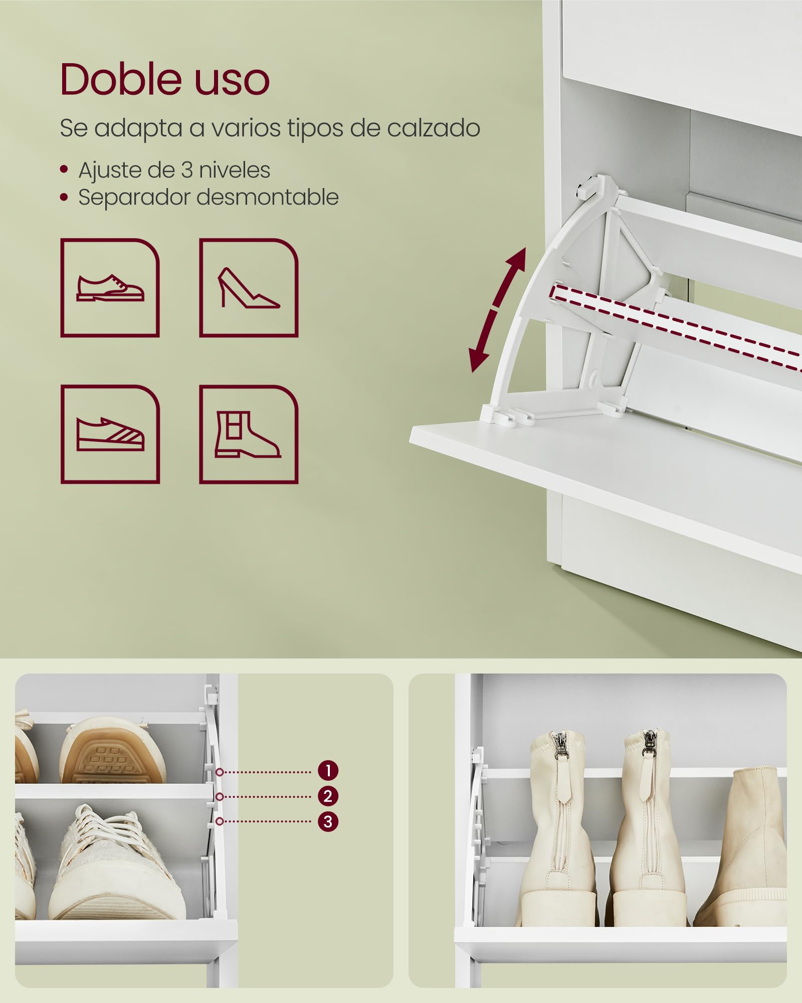 VASAGLE Zapatero 2 Compartimientos, Zapatero con Puerta Abatible, Organizador de Zapatos, Estante, División Ajustable, 11-16 Pares de Zapatos, Pasillo, 24 x 80 x 102 cm, Blanco Nube LBC048W01