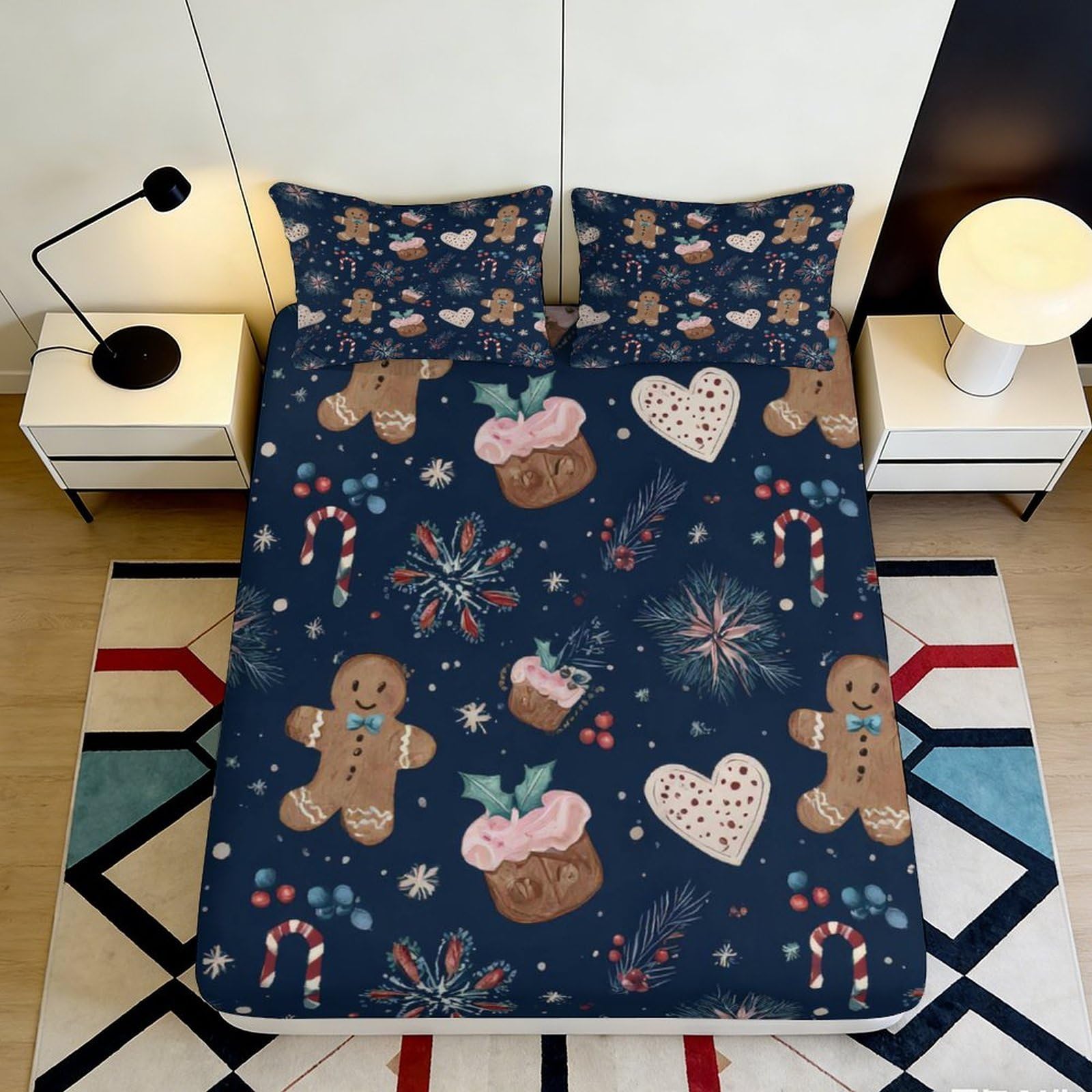 3D Printed Gingerbread Cookie Fitted Sheet Microfiber Navy Christmas Candy Bed Cover for Bedroom Guestroom Décor 90x200x25cm