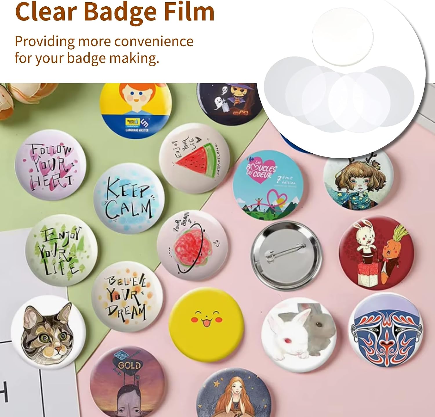 Cyrank Badge Film, 100PCS Plastic Circle Mylars Clear Film Button Making Supplies Circle Button Making Parts Mylars Protective Cover (58mm)
