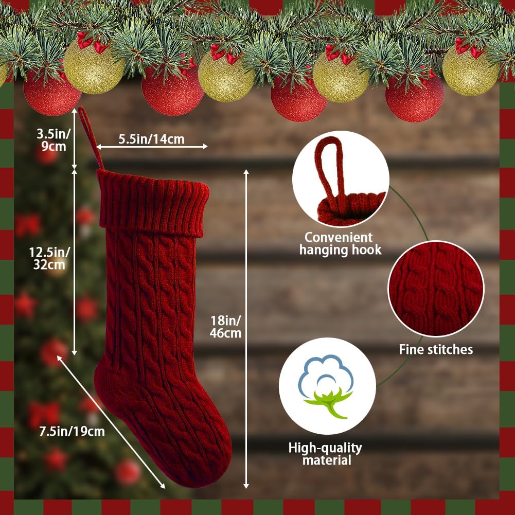 meioro 18 Inches Christmas Stockings, Large Size Cable Knitted Xmas Stocking for Kids, Fireplace Hanging Stockings for Family Holiday Party Decorations (Burgundy) image 2
