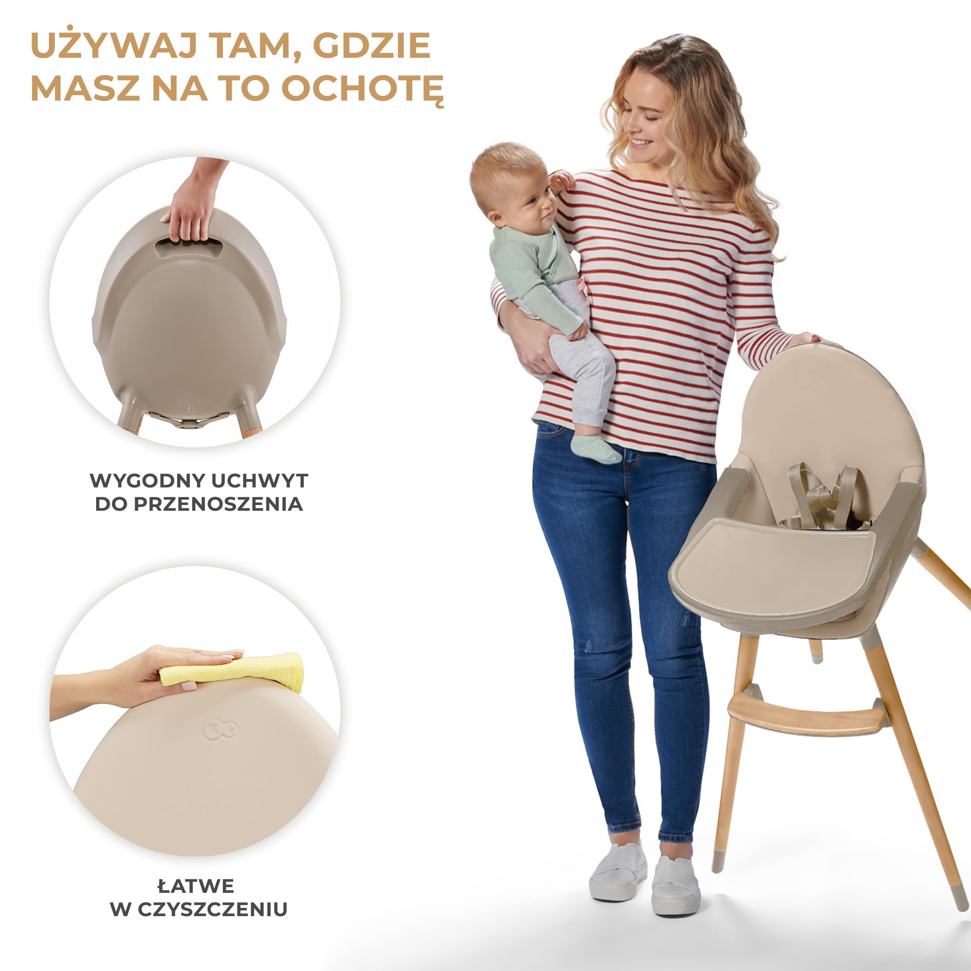 Kinderkraft Krzesełko do karmienia FINI2 2w1, Krzesło dla starszaka, Regulowana zdejmowana tacka, Drewniane antypoślizgowe nożki, 5-Punktowe pasy bezpieczeństwa, Łatwy w czyszczeniu, Beżowy
