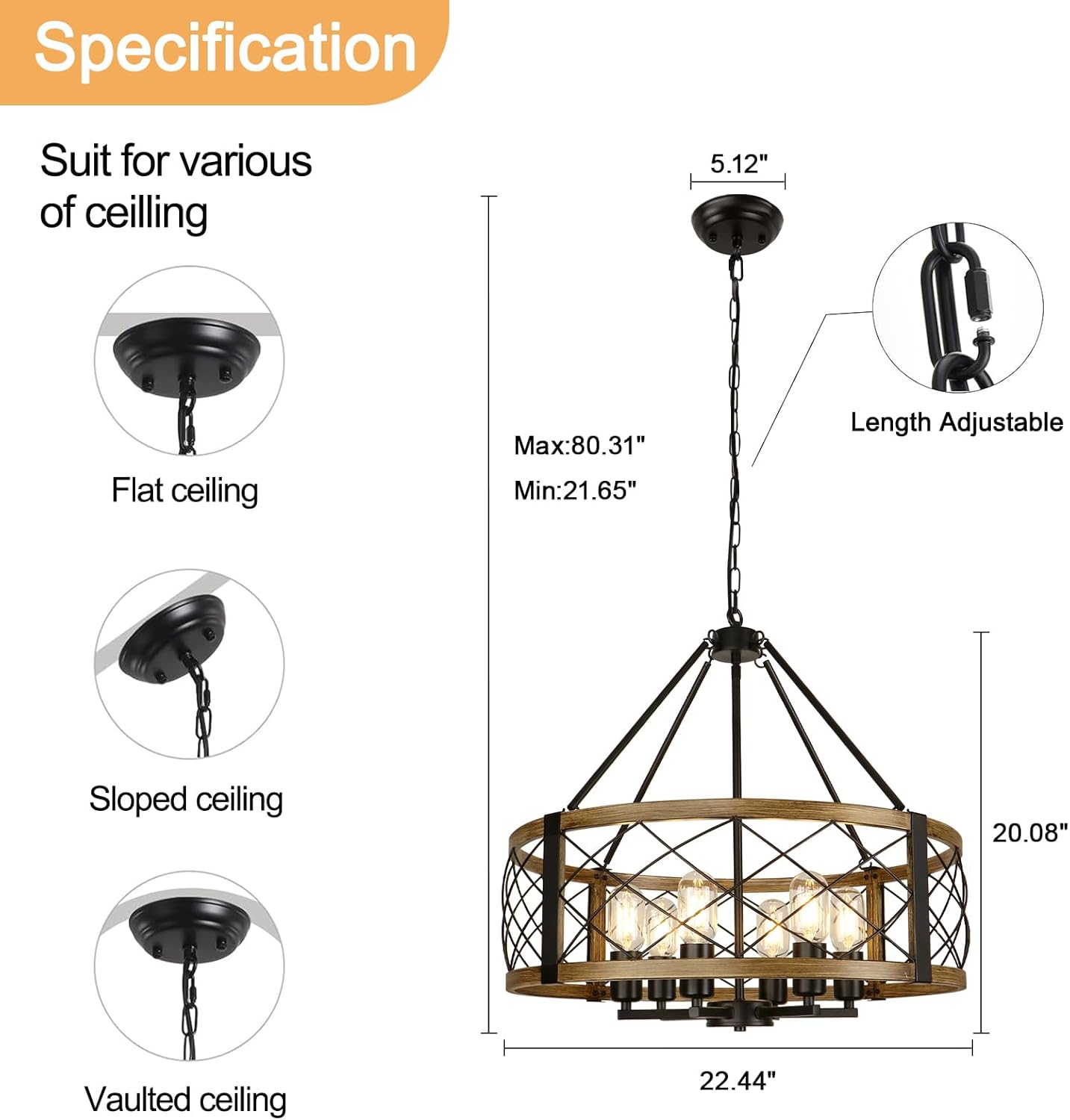 Size 22.5 Color Brown Modern Chandelier for Dining Room, 6-Light Wood Grain Finish Farmhouse Chandelier, 22.5” Rustic Drum Hanging Light Kitchen Island, Round Metal Hanging Light Fixture for Foyer, Entryway, Bedroom