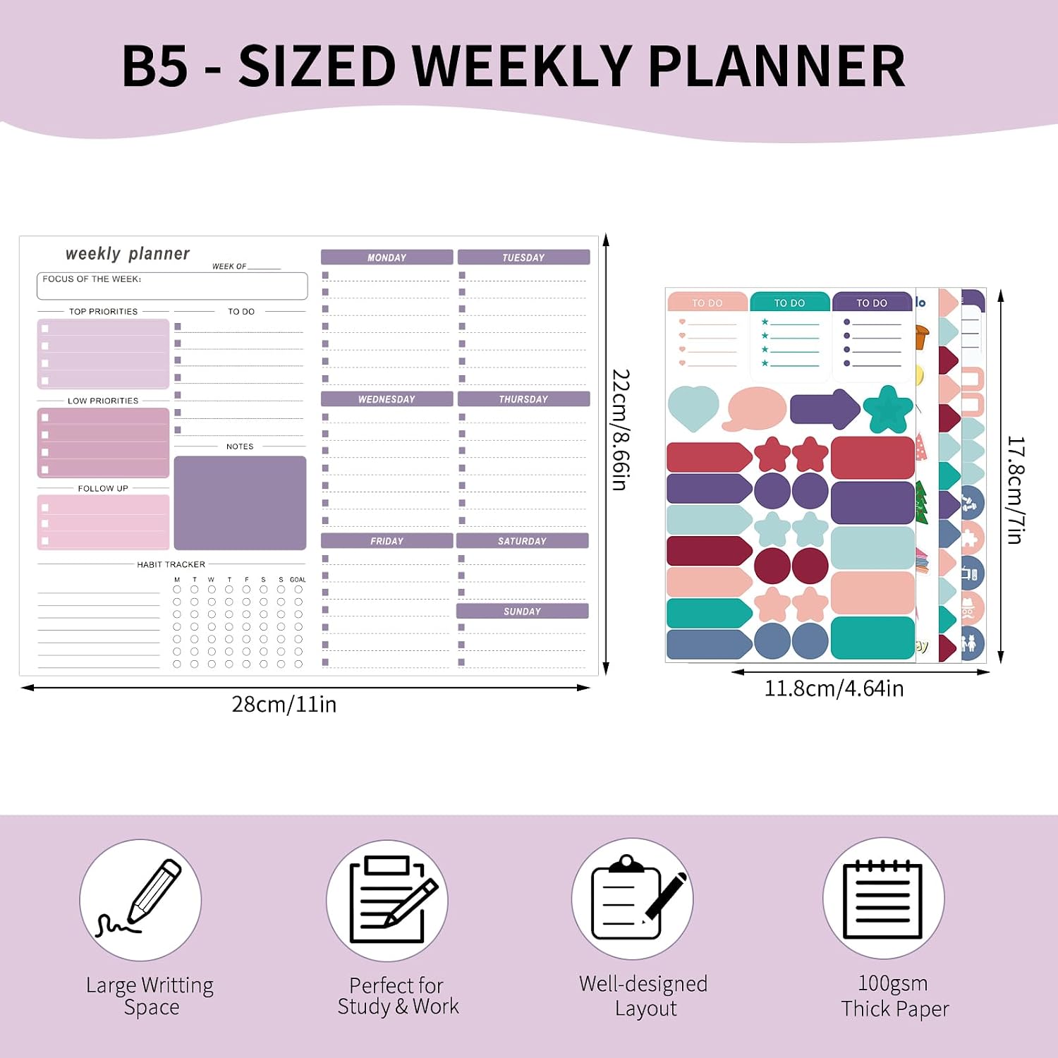 Thboxes Weekly Planner Notepad Purple A4 Tear-Off Pages, with 4 Stickers image 2