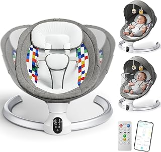 Fdlscpem Electric Baby Swing for Infant, Upgraded 5 Point Harness Baby Bouncer Chair with 5 Swing Speeds 3 Timers and 10 Music, APP/Remote/IMD Panel Control Newborn Toddler Baby Rocker (Grey)