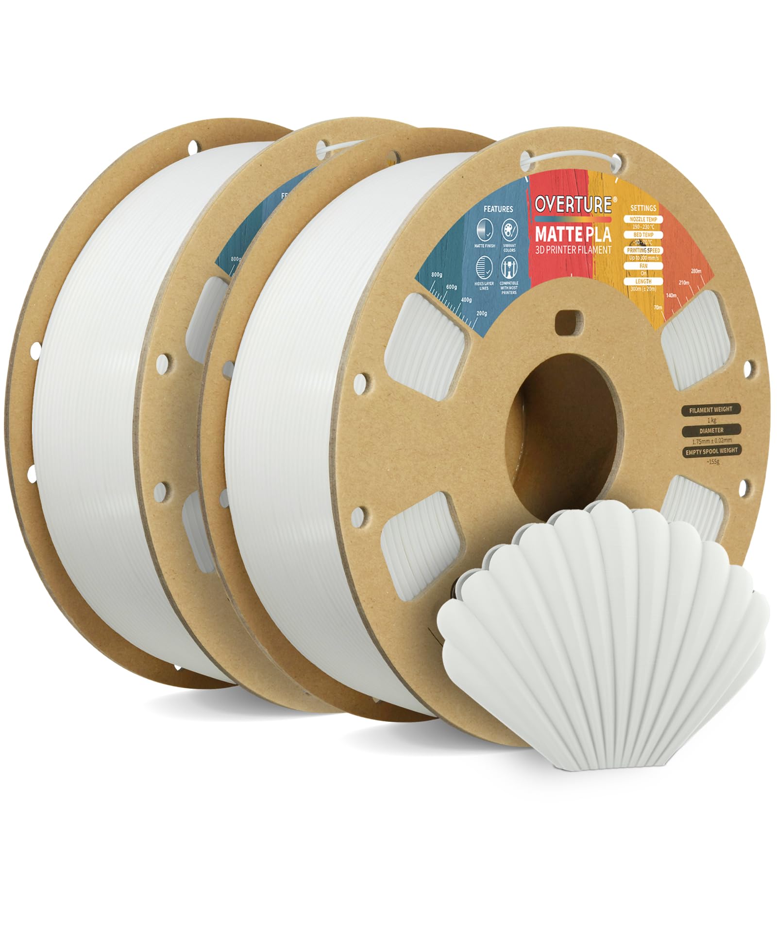 OVERTURE Filamento Matte PLA 1.75mm, 2kg Bobina (4.4lbs) Opaco PLA Filamenti per Stampante 3D, Neatly Wound Filamento Precisione Dimensionale +/- 0.02 mm, Matte Bianco 1kg*2