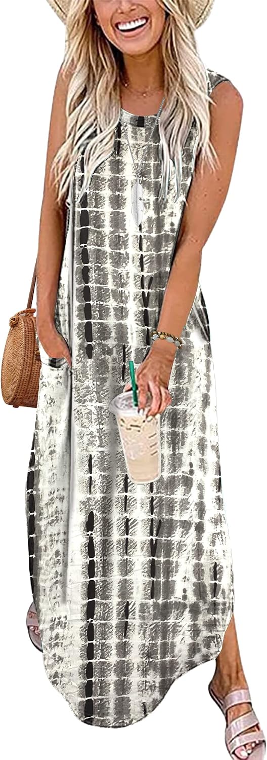 WNEEDU Women's Maxi Dresses 2026 Summer Sleeveless Dress Casual Cover up Loose Sundresses Split Tshirt Dresses with Pockets