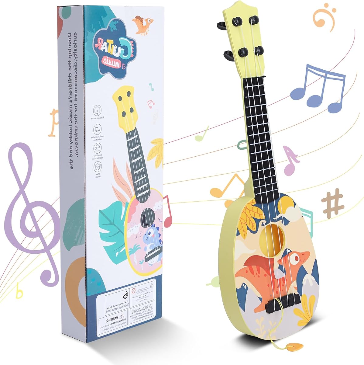 YOLOPLUS+ Kids Toy Ukulele, Toddler Guitar,17 Inch 4 Steel Strings (Yellow) | Baby Guitar Musical Toy with Pick, Play Early Educational Learning Musical Instrument Gift for Preschool Children -