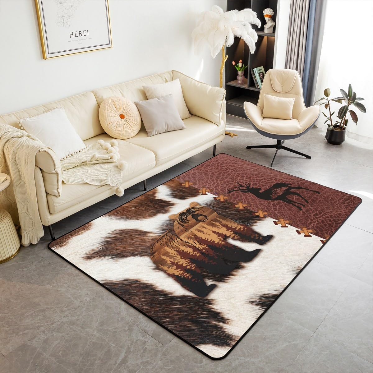 Erosebridal Bear Deer Area Rug,Hunting Animal Carpet for Man Woman,Brown White Cowhide Indoor Floor Mat,Rustic Patchwork Decorative Accent Rug 5x7 Machine Wash Dry