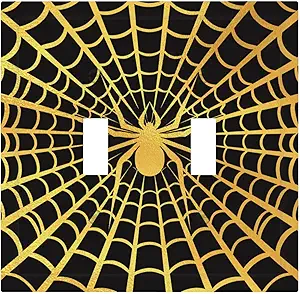 Decorative Switch Plate Covers Black Background with Golden Spiderweb Spider 2 Gang Light Switch Cover Plate Unique Double Toggle Wall Plate Outlet Covers for Bedroom Home Decor