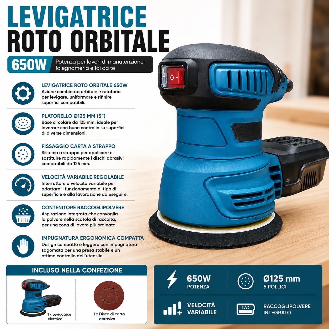 Topolenashop Levigatrice Roto Orbitale Elettrica 650W – Levigatore 125 mm 5" con Velocità Variabile, Platorello a Strappo, Contenitore Raccoglipolvere per Falegnameria | VP10502