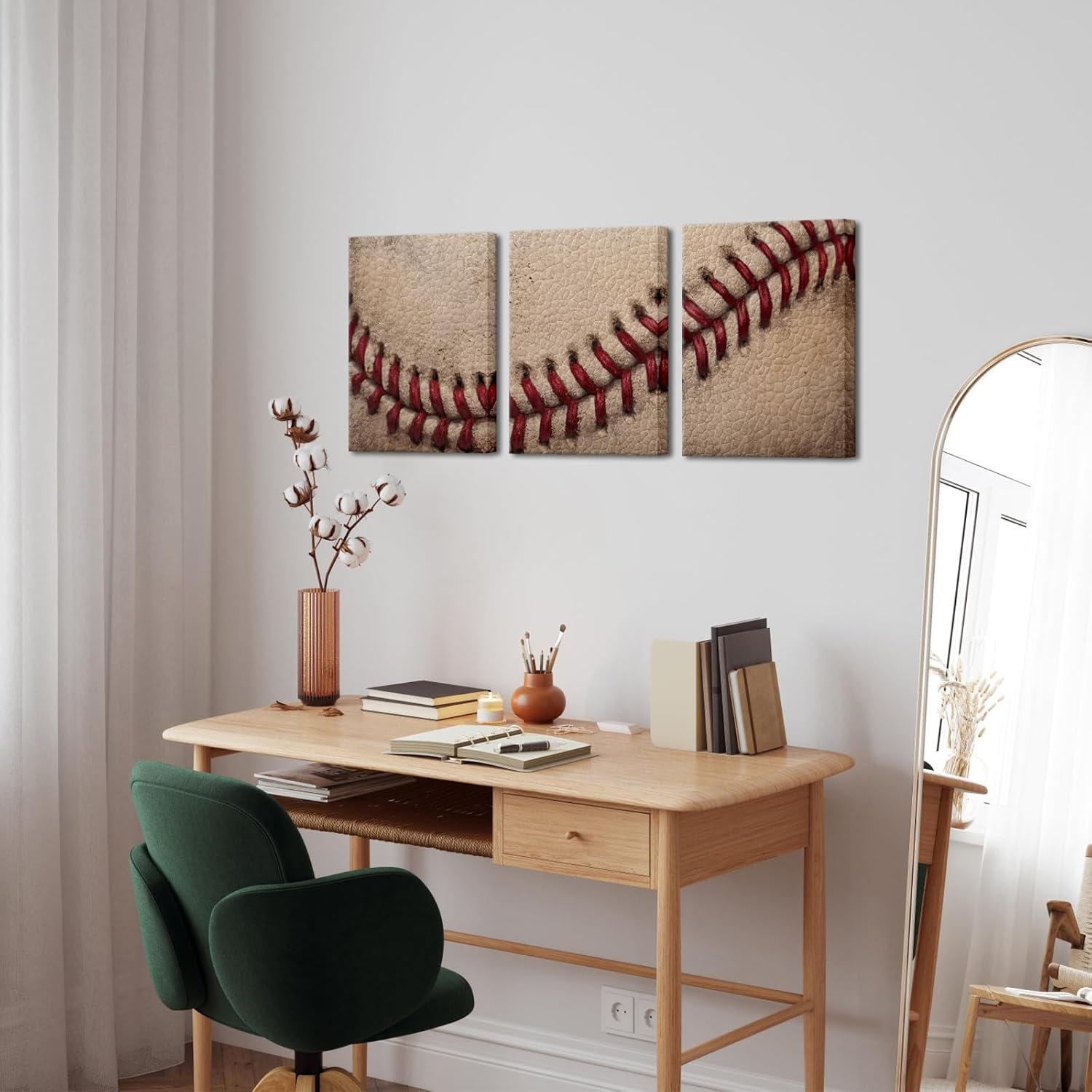 Artsbay Baseball Wall Art Set Close Up Details of Baseball Stitching Sports Modern Retro Rustic Artwork for Men Kids Teenagers Boys Bedroom Decor Home Club Decoration 12" Wx16 H x3PCS - Image 2