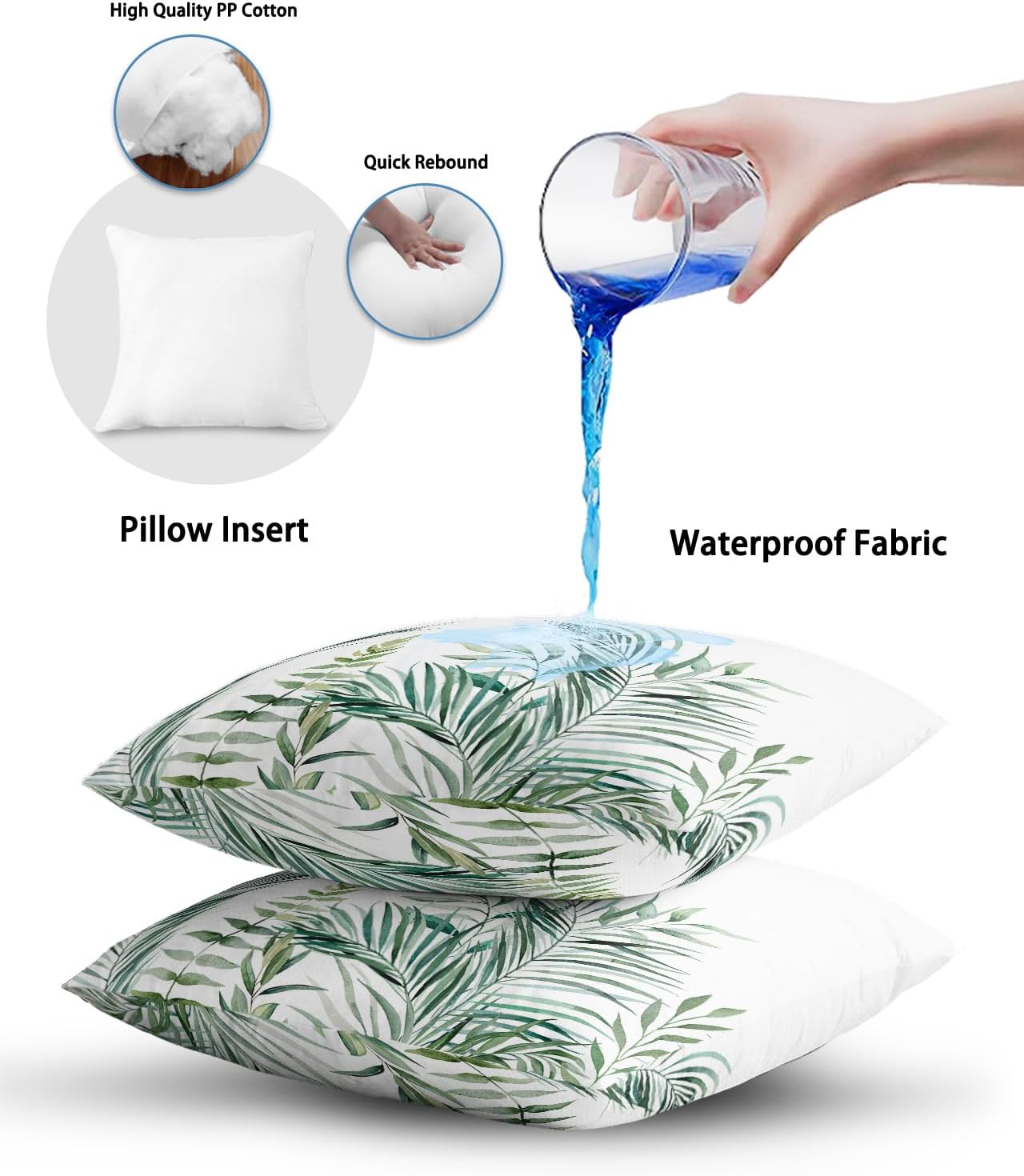 Outdoor Waterproof Throw Pillows Tropical Palm Leaves White Patio Pillows Pack of 2,Decorative Pillow Covers with Insert,Pillow Cushion Case for Garden Couch Sofa Pastoral Green Leaf Plant