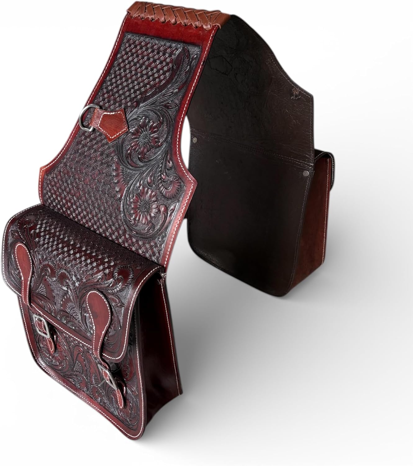Majestic Ally Western Saddle Bag, Hand-Tooled Leather, Mahogany Brown, Floral and Basket Weave Pattern, Traditional Horse Riding Storage (Mahogany, Floral)