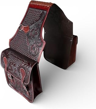 Majestic Ally Western Saddle Bag, Hand-Tooled Leather, Mahogany Brown, Floral and Basket Weave Pattern, Traditional Horse Riding Storage Mahogany, Floral
