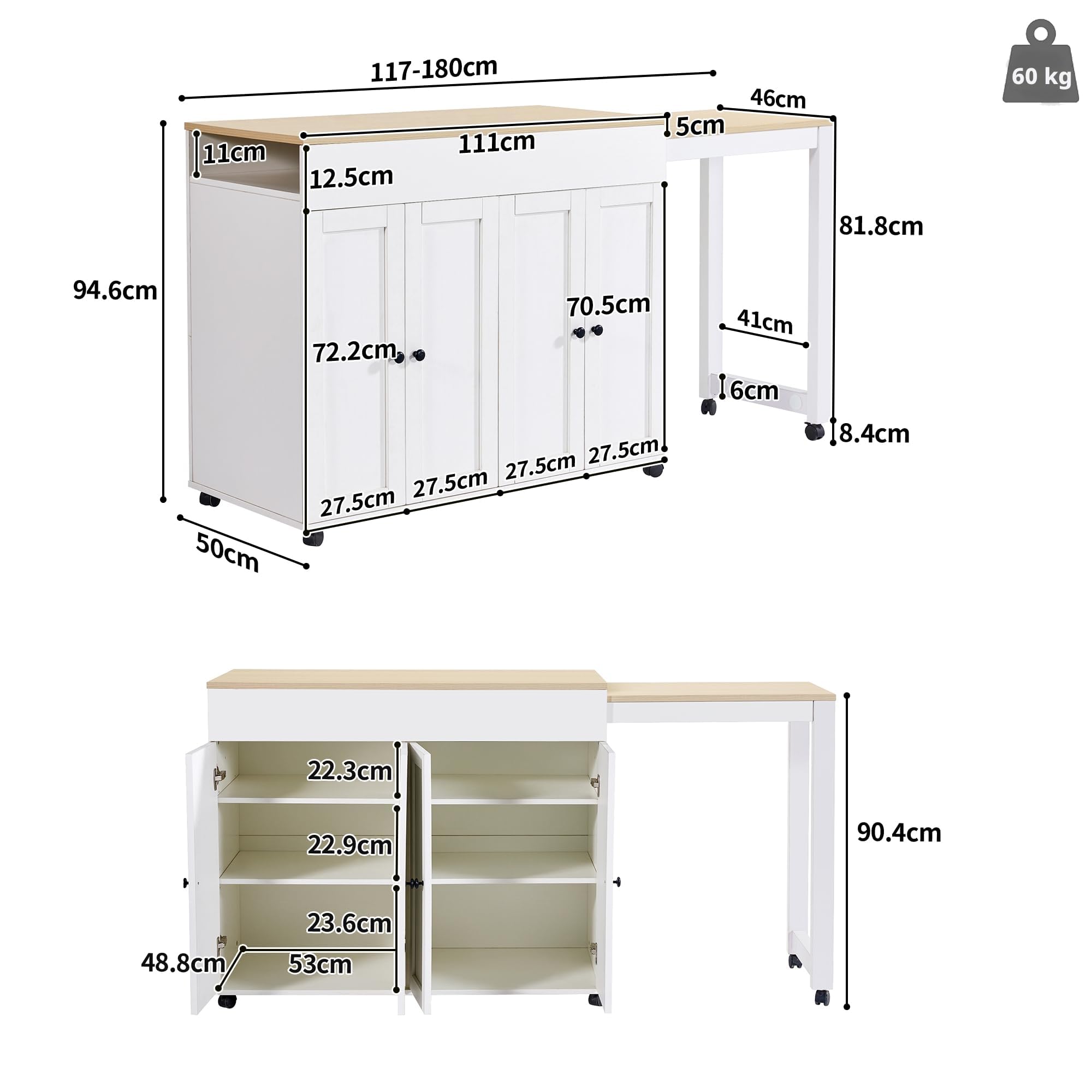 Mesa de Bar Extensible Mesa de Comedor Extensible Moderna 117-180x50x94.6 cm, Isla de Cocina con Ruedas, Mesa de Bar Móvil, Armario de Cocina Buffet Uso como Divisor de Salón, Blanco y Natural