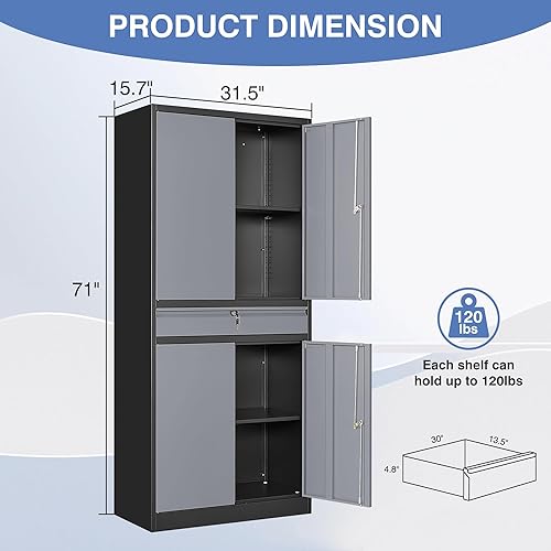 Miniatura 2 de LISSIMO Armario de almacenamiento de metal para garaje con cajón, gabinete de almacenamiento de garaje de 71 pulgadas con estantes ajustables y 4