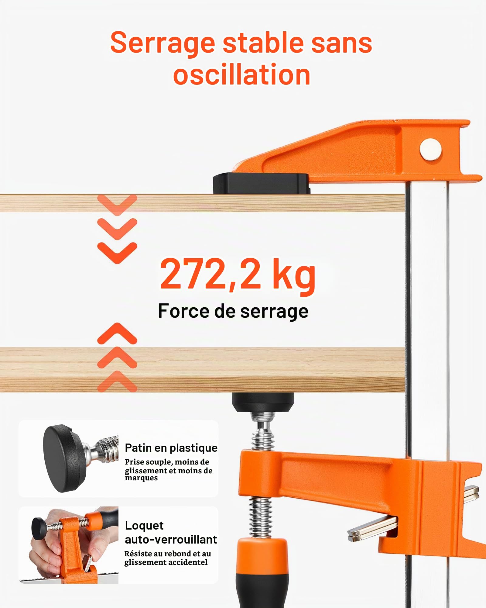 VEVOR Serre-joints à Barre 8 PCS Pince en F Ouverture 91,4 cm Force 272 kg, Système Autobloquant, Patins Plastiques, Poignée Ergonomique, Fonte de Qualité et Acier au Carbone, Travaux du Bois et Métal