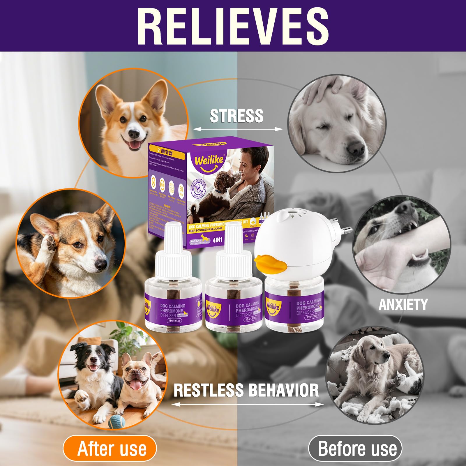 Difusor de Feromonas Relajantes para Perros,Alivio Natural de la Ansiedad,Reduce el Estrés y Favorece la Relajación,Fórmula Segura y Eficaz,3 Recambios (3 Ricariche+1 Diffusore)