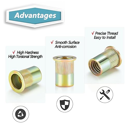 Miniatura 4 de Kadric - Tuercas remachadoras de 14"-20, 180 tuercas roscadas de cabeza plana de acero al carbono SAE 14-20 UNC RIV