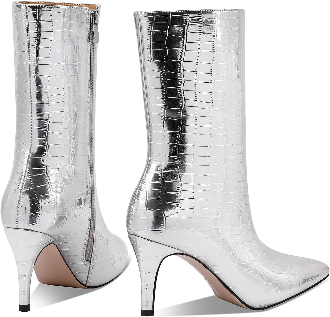 Women's Silver Mirror Boots Fashion Pointed Toe Mid Heel Short Boots Mid-Calf Shoes