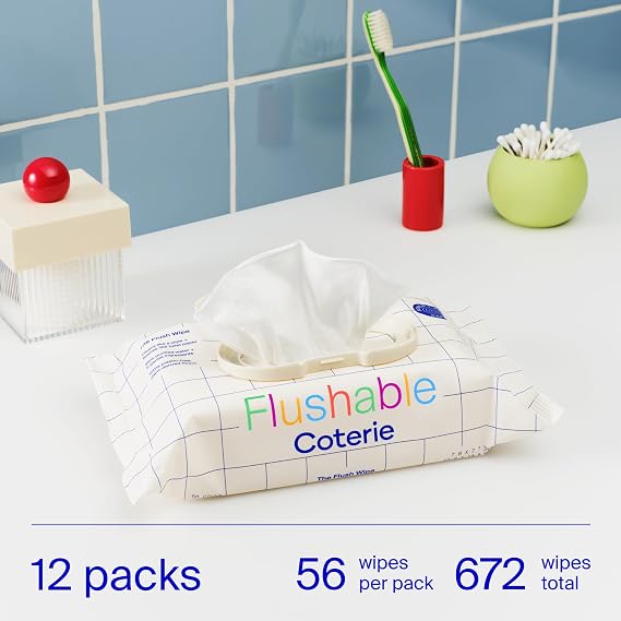 Coterie Flushable Wipes for Toddlers, Designed for Potty Training, Safe for Sensitive Skin, Hypoallergenic, 99% Water, Plant-Based, Fragrance Free, Sewer & Septic Safe, 12 Pack (448 Wipes)
