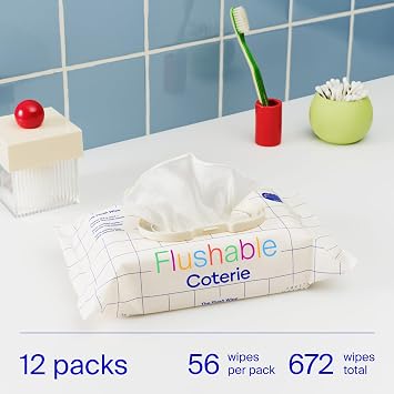 Coterie Flushable Wipes for Toddlers, Designed for Potty Training, Safe for Sensitive Skin, Hypoallergenic, 99% Water, Plant-Based, Fragrance Free, Sewer & Septic Safe, 12 Pack (448 Wipes)