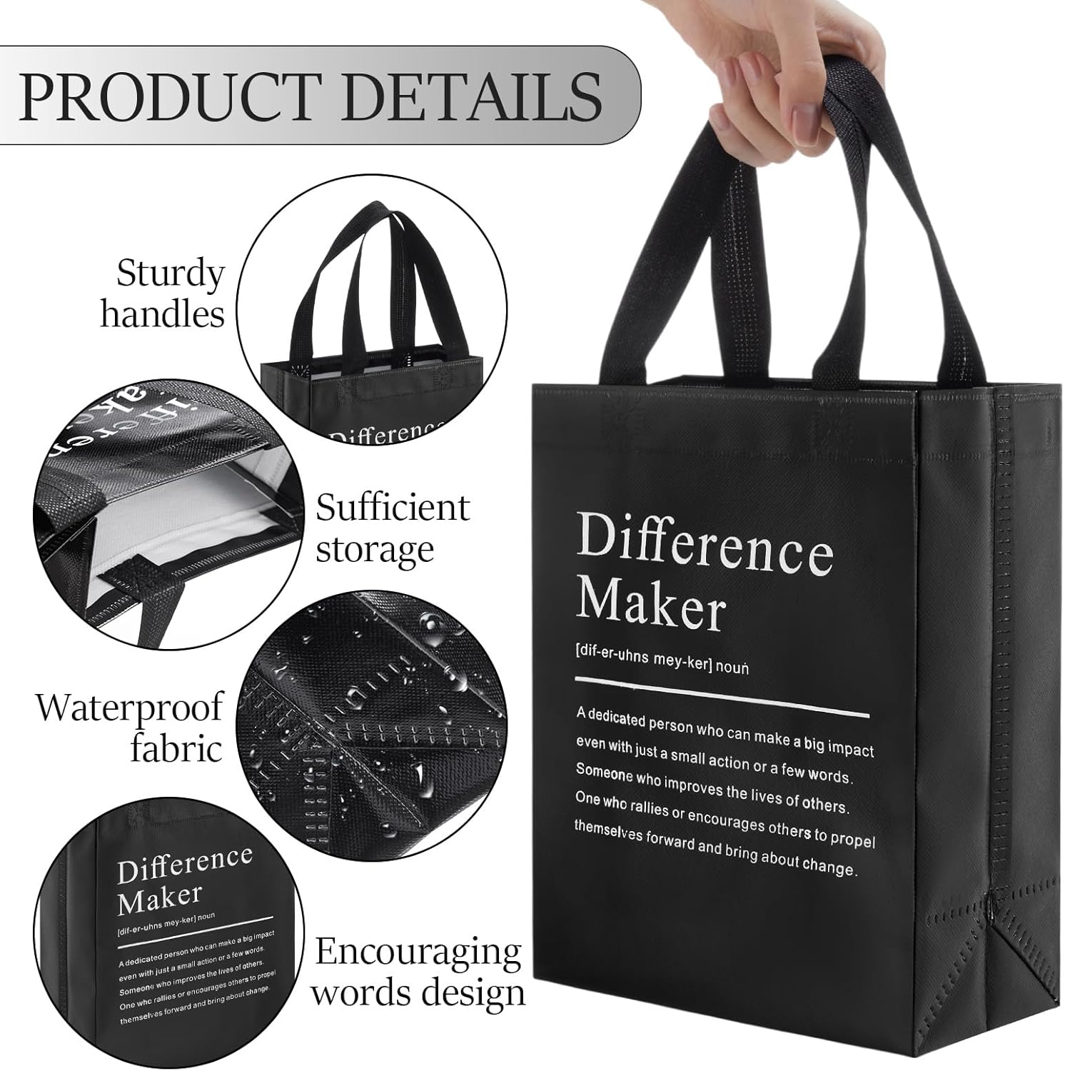 Sweetude 25 Pcs Difference Maker Thank You Gift Bags with Handles Bulk Reusable Non Woven Appreciation Goodie Bags Foldable Handbag (Black) - Image 5