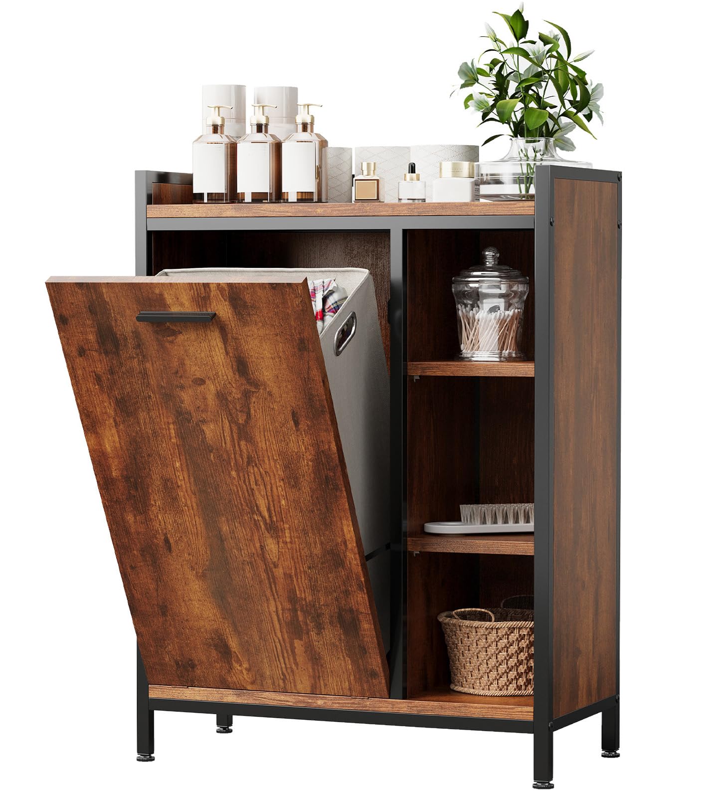 ELUCHANG Badezimmerschrank mit Wäschekorb, Wäscheschrank 50L, Badschrank mit 3 Ablagen Verstellbare Böden, Wasserdicht,Platzsparend für Kleines Bad, Wäscheküche,63x30x91cm, Vintage-Schwarz