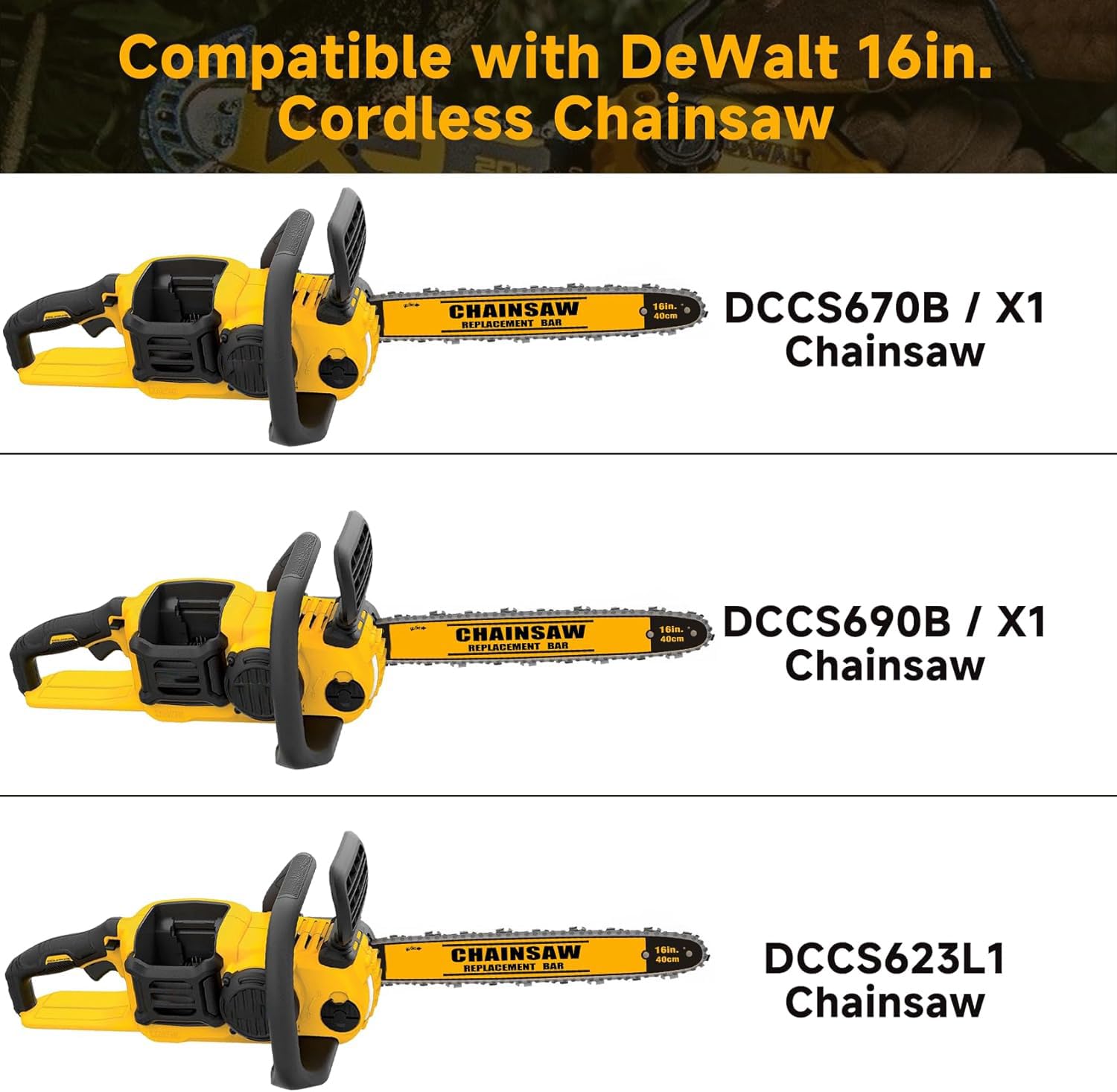 DWZCSB16 & DWO1DT616T Barra de motosierra y cadena de motosierra de 16 pulgadas para sierra de cadena inalámbrica DeWalt (combinada)