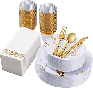 350 Piece White and Gold Plastic Dinnerware Set for 50 Guests, Disposable Plastic Plates for Party, Include: 50 Dinner Plates, 50 Dessert Plates, 50 Paper Napkins, 50 Cups, 50 Plastic Silverware Set