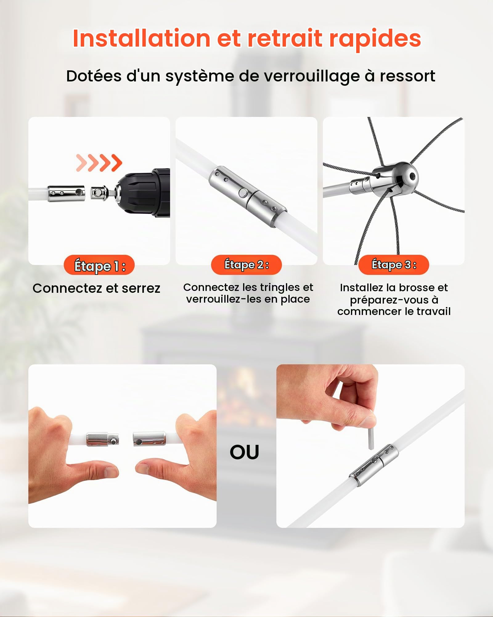 VEVOR Kit de Ramonage de Cheminée Extensible à 10 m, Kit de Nettoyage avec 2 Têtes de Brosse pour Cheminée Carrée, Rectangulaire et en Arche, Cannes Flexibles en Nylon, Lunettes de Protection, Brosse