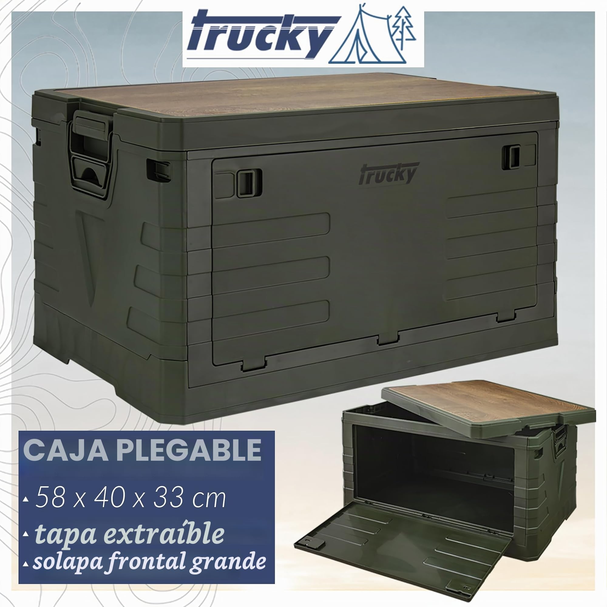 Caja de almacenamiento Trucky, 75 L 58 x 40 x 33 cm, Camping, Caja plegable, Caja plegable con tapa, Aufbewahrungsbox con tapa, plegable, Aufbewahrung, Caja, Verde