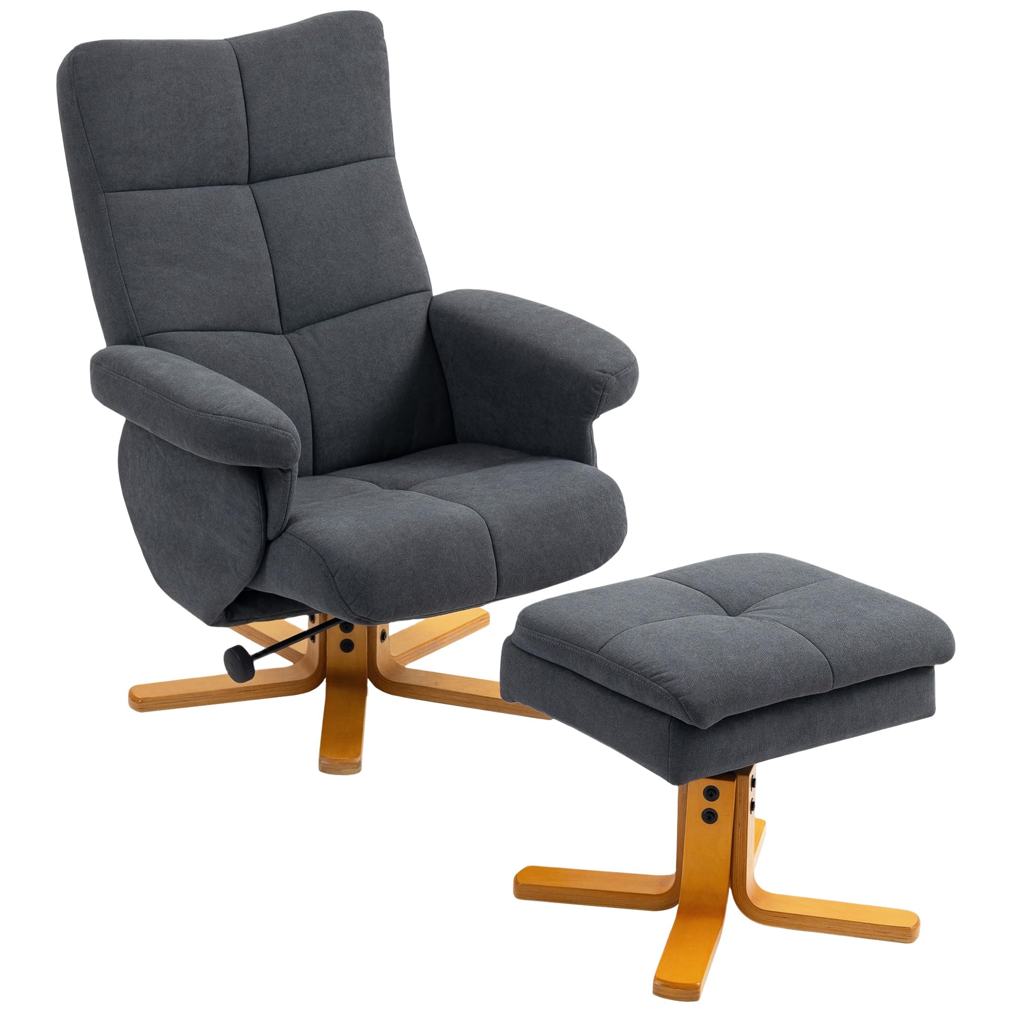 HOMCOM Linen Swivel Recliner Chair with Footstool, Wooden Base and Storage for Living Room, Grey