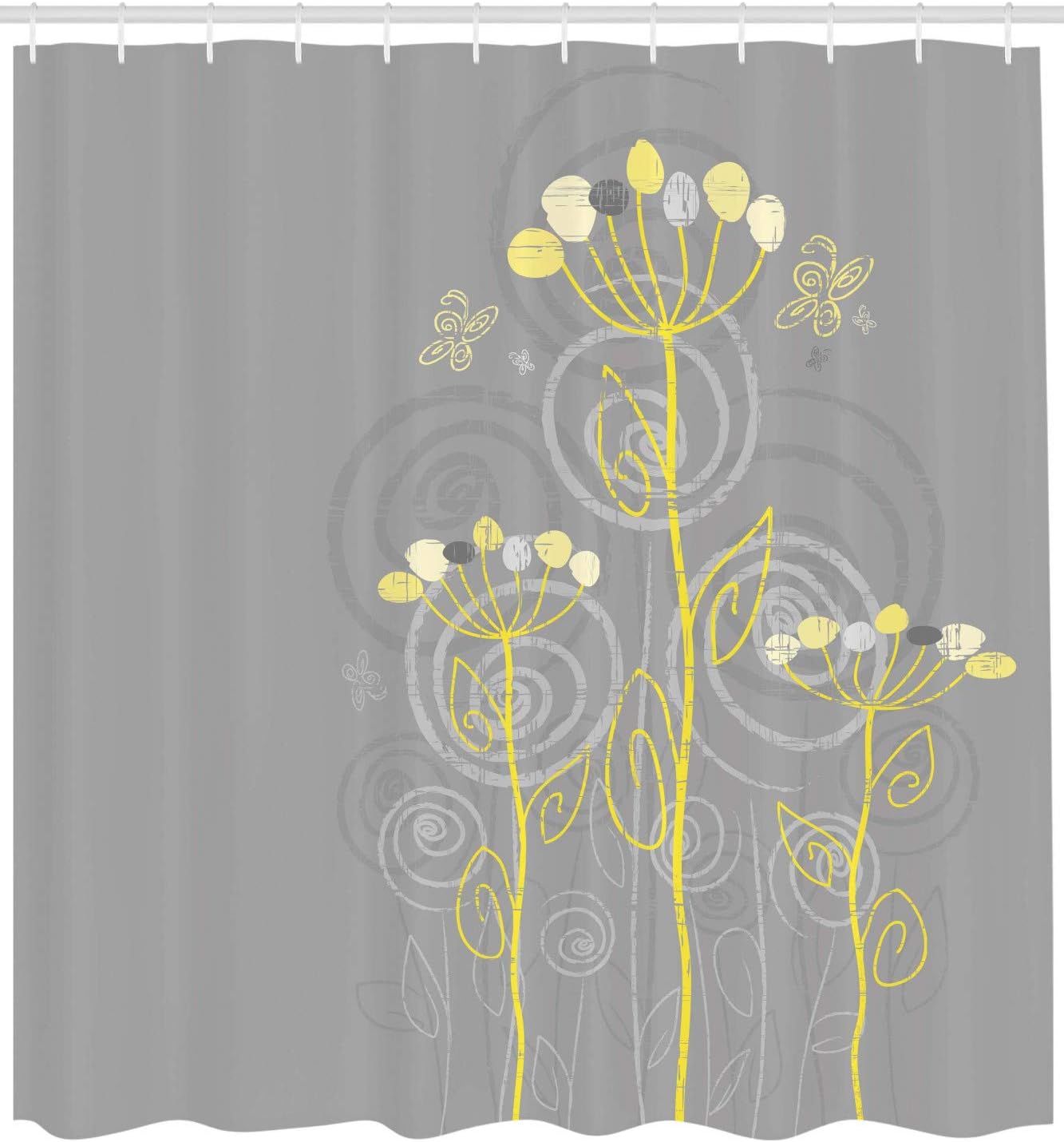 Ambesonne Grey and Yellow Shower Curtain, Under The Sea Inspired Flowers Abstract Swirls Backdrop, Cloth Fabric Bathroom Decor Set with Hooks, 69" W x 70" L, Grey Yellow