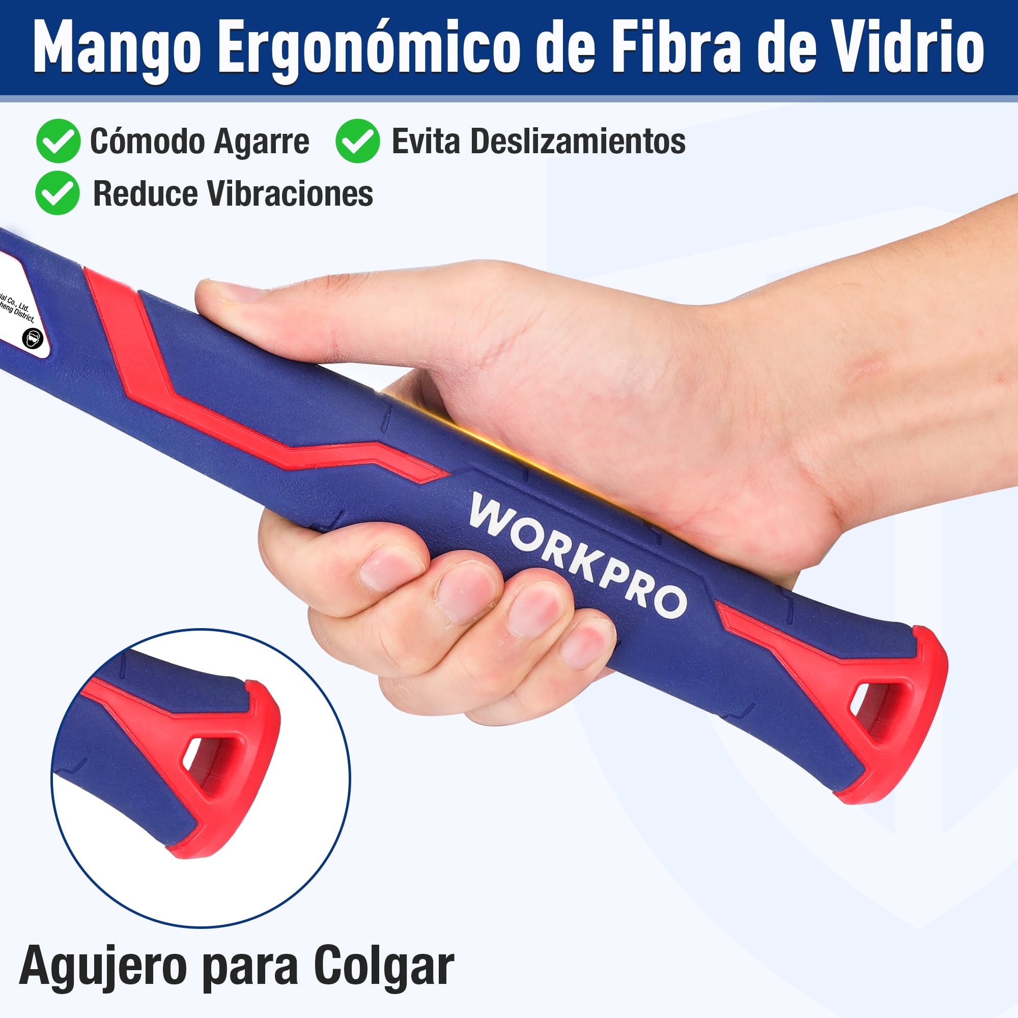 WORKPRO Martillo de Club de 3 LB/1,4 KG con Mango de Fibra de Vidrio, Martillo de 35,5cm, Cabeza de Acero Forjado y Tratado Térmicamente, para Construcción, Roca, Carpintería, Cincelado, Hogar