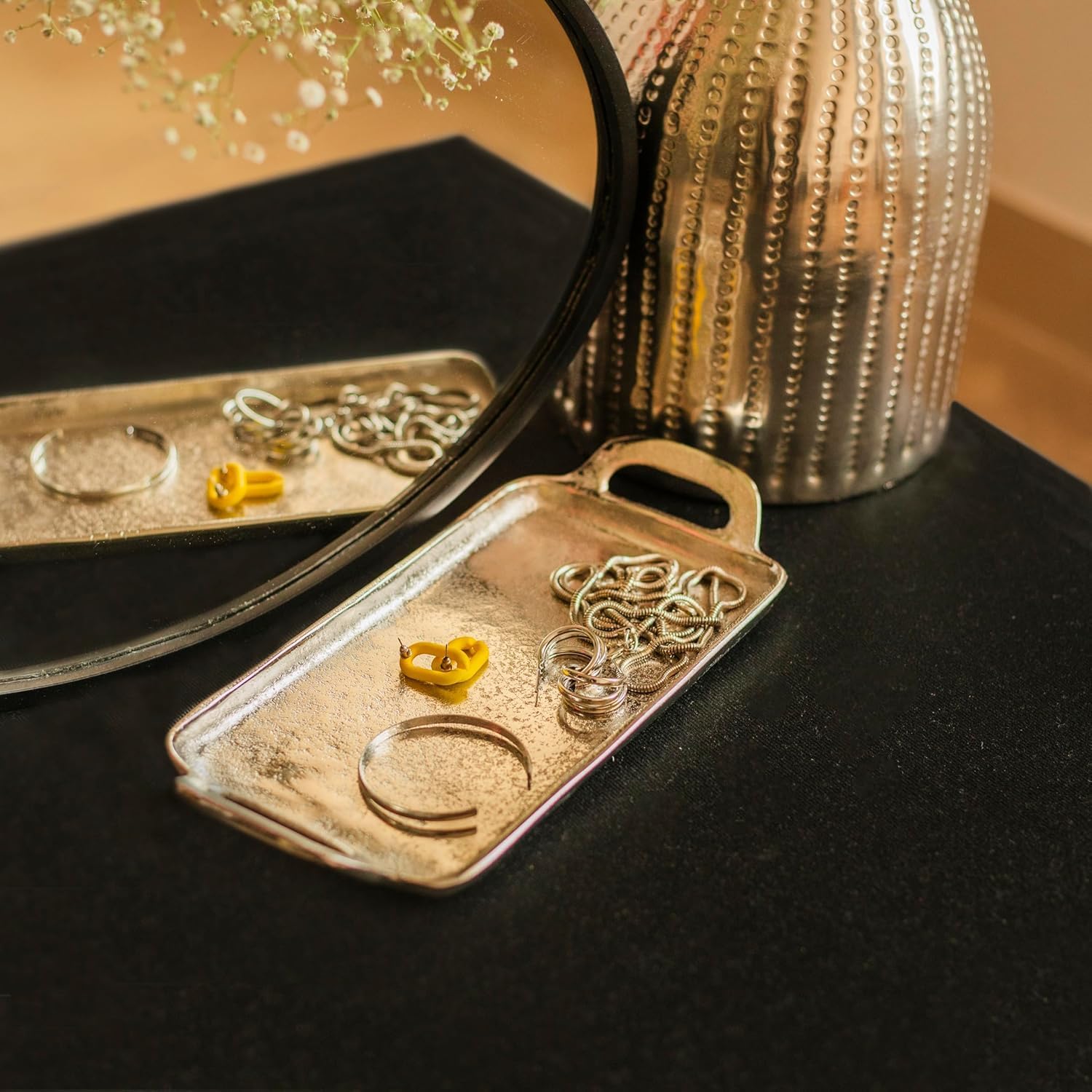 RK_Enterprises Gold Metal Tray - 1 Pc (12"" X 5"") | Tray for Home Decor Gifting Item | Decorative Tray for Diwali, Festival | Pooja Decorative Item for Livingroom Dining Office Center Table (Silver)