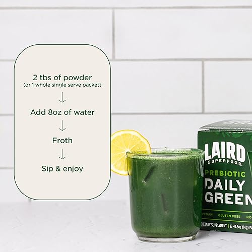 Miniatura 5 de Laird Superfood Prebiotic Daily Greens Powder - Paquete de 15 sobres individuales - Vitaminas y minerales esenciales - Fibra, adaptógeno y frutas,