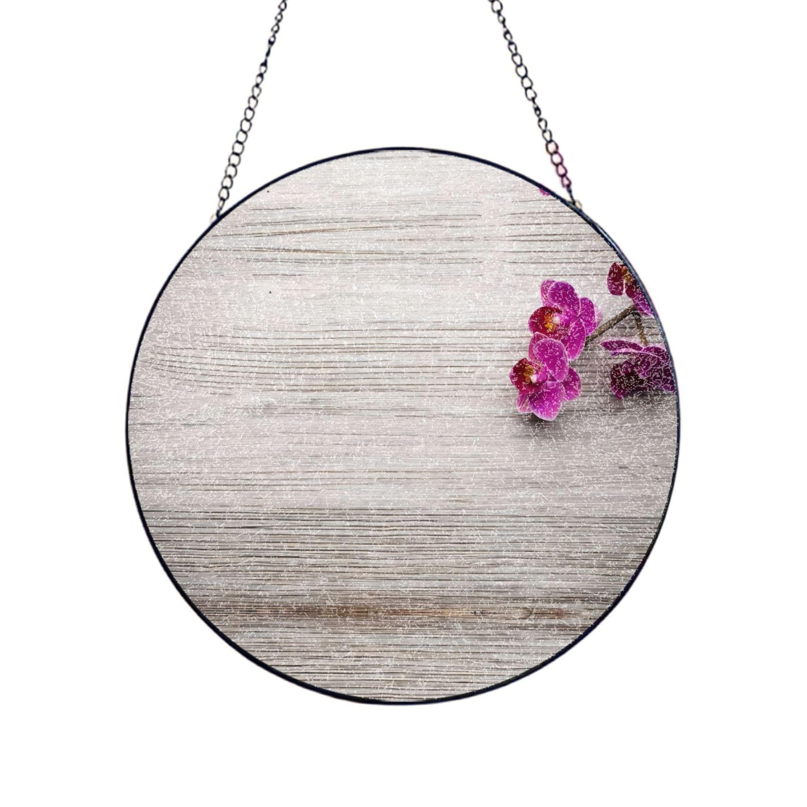 Phayah Orchid Print Glass Window Hanging Round Suncatcher Glass Ornament Garden Wall Fence Decorations Indoor Outdoor 12in（30cm）