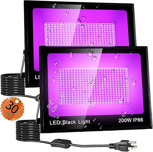 YAYIT Luz de inundación de luz negra impermeable de 200 W con cable de 10 pies, interruptor+enchufe, luces LED negras IP66 para exteriores para gran