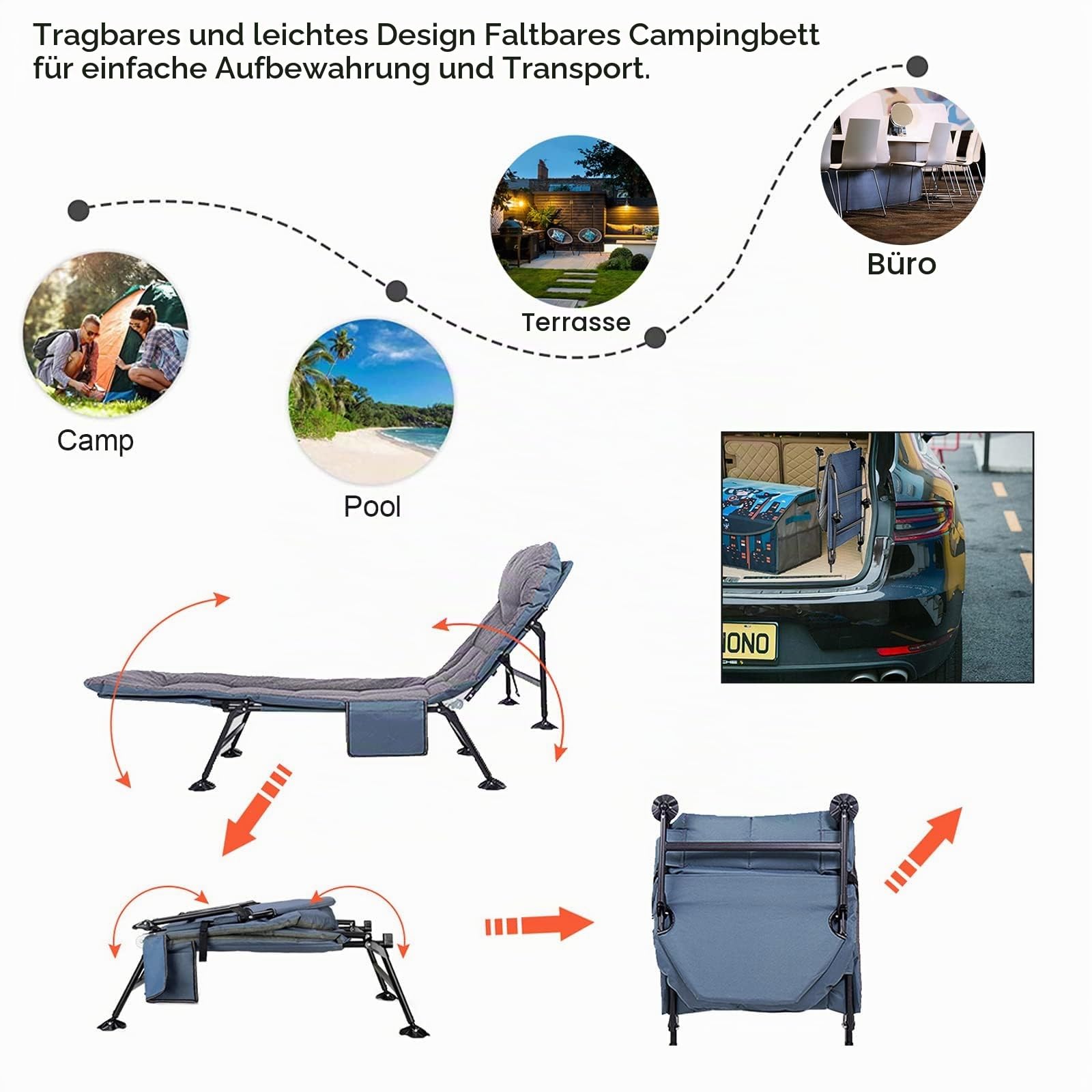 Feldbett Klappbar, Campingliege Klappbar mit Matratze & Seitentasche, 5-Fach Verstellbar Gartenliege, Campingbett, Karpfenliege, Liegestuhl für Camping Reisen Strand und Garten (Grau)