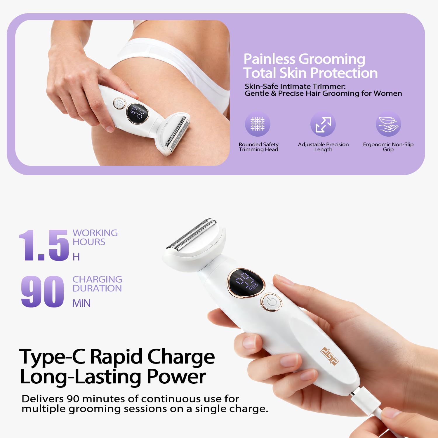 DSP Afeitadora eléctrica 5 en 1 para mujer, impermeable, sin dolor, con accesorios para nariz, cejas, bikini, recargable por USB, kit de aseo para mujer, para cara, piernas, brazos