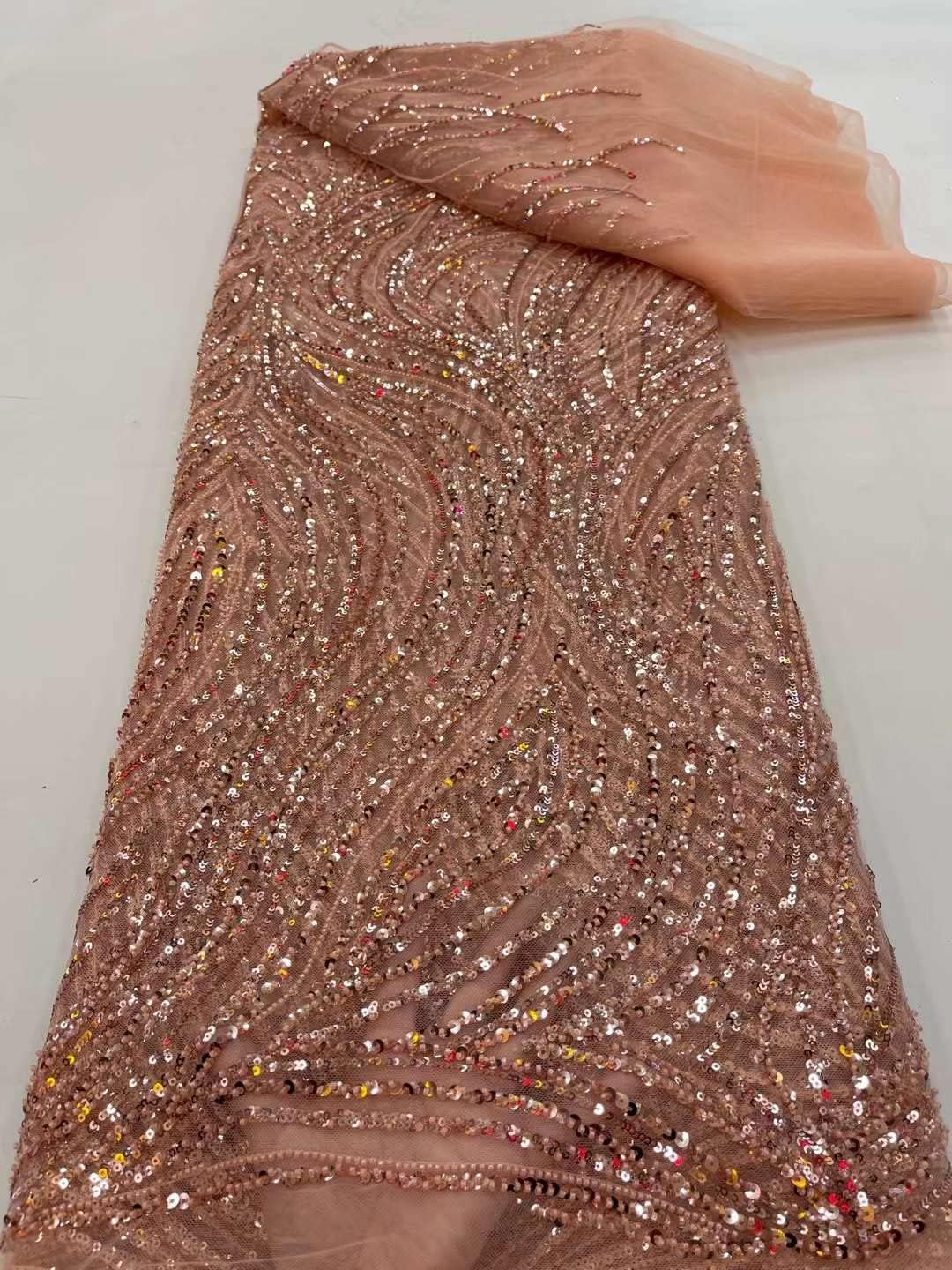 French Tulle mesh lace Fabric Embroidery with Sequins and Beads for Sewing Clothing 5 Yards (Peach)