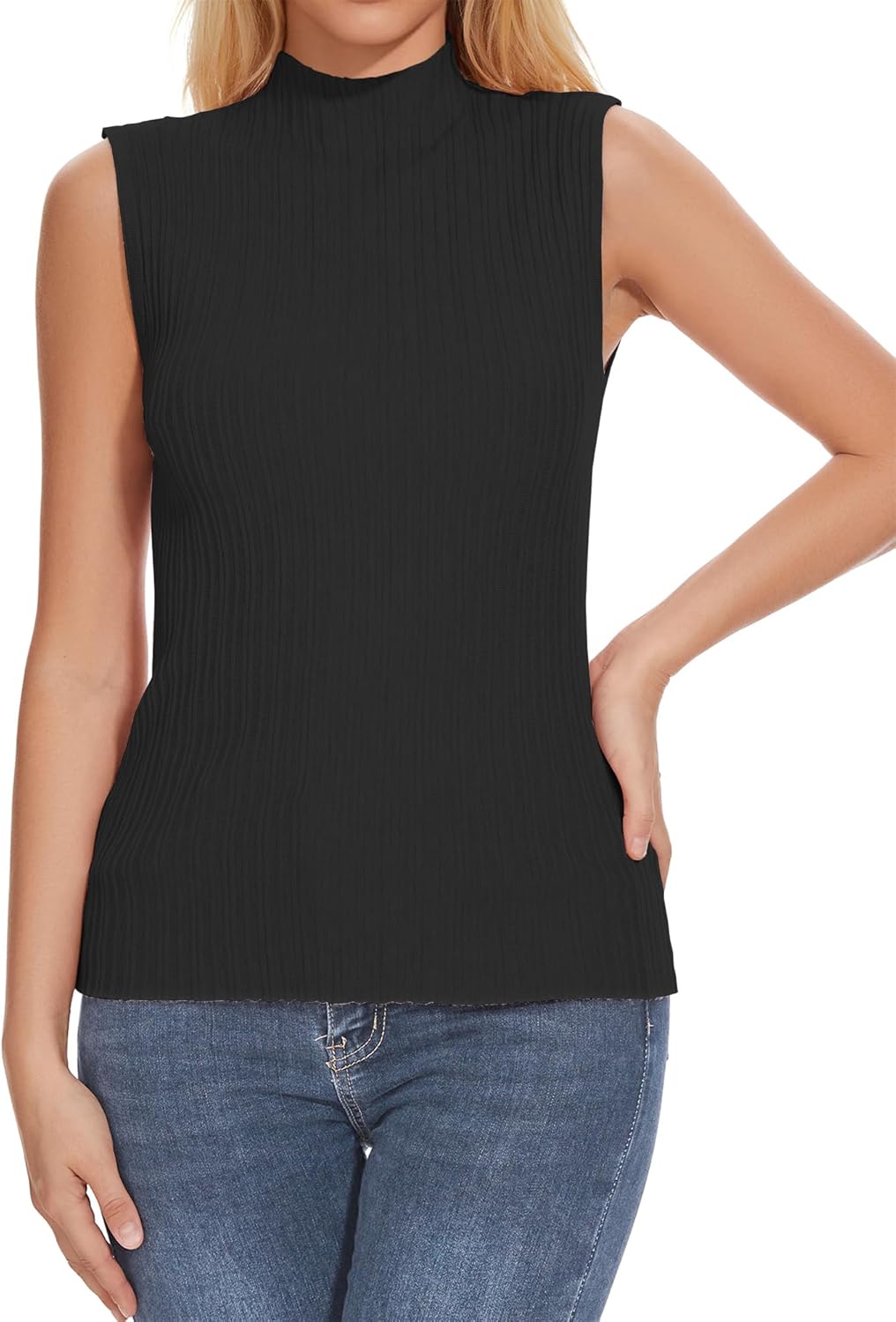 Women Sleeveless Mock Neck Sweater Tops Casual Knit Tank Fashion Slim Fit Trendy Lightweight Pullover - Image 2