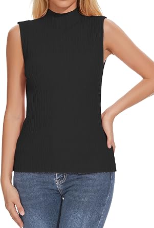 Womens Textured Tank Top Mock Neck Sleeveless Slim Fit Vest Top