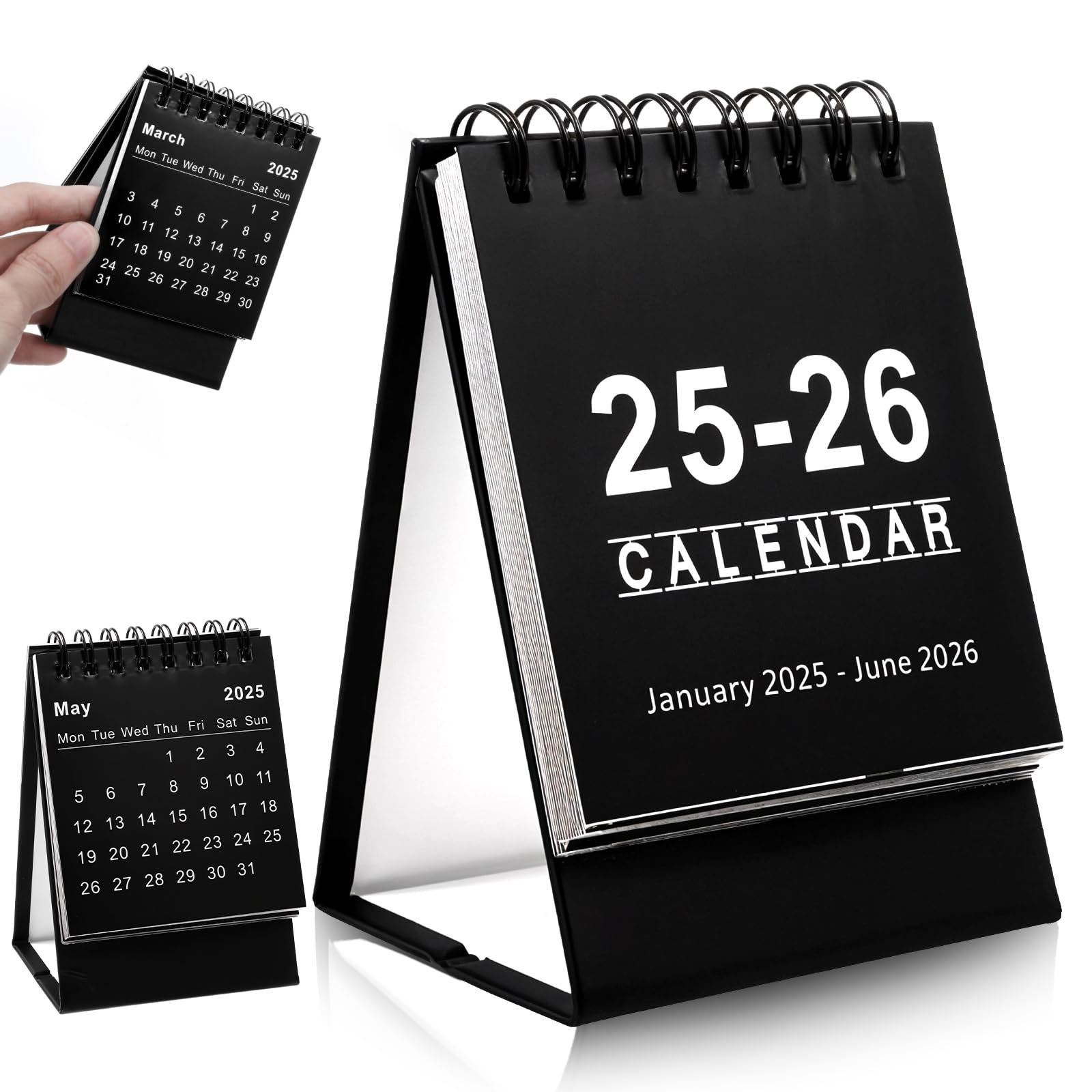 Tyqour Mini Desk Calendar 2025.1-2026.6 Small Desktop Calendar 2025-2026 Standing Flip Calendar Small Desk Calendar 2025-2026 for Home Office School (Black)