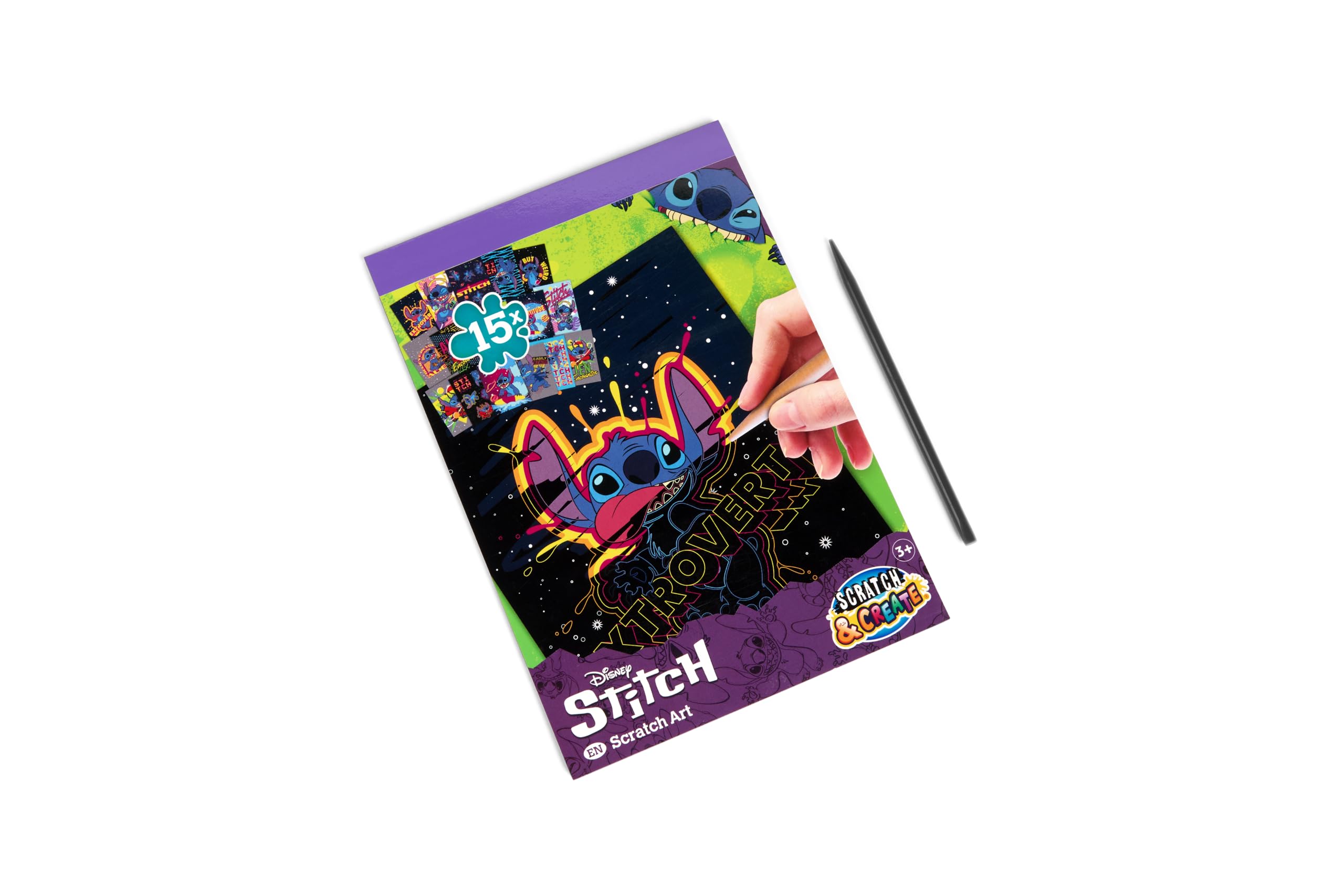 Disney Stitch Scratch Pictures Book A5 for Children Scratch Art Craft Book with 15 Motifs in A5 Format Includes Wooden Scratch Pen Rainbow Colour Effect Creative Set from 3 Years - Image 2
